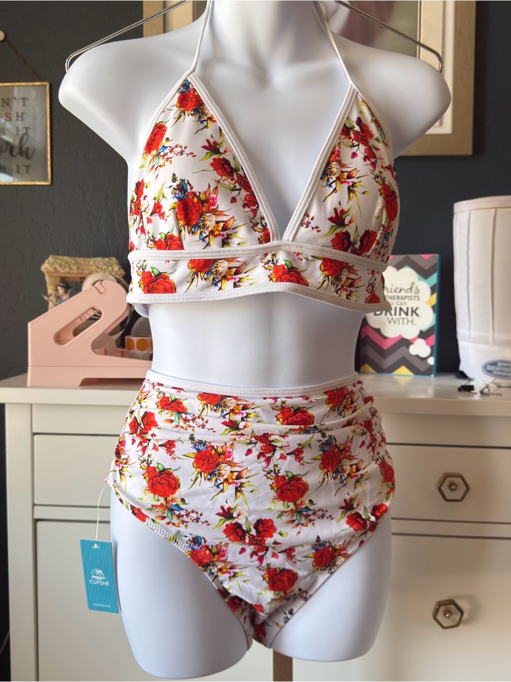 Cupshe White Floral High-Waist Bikini with Red Rose Print